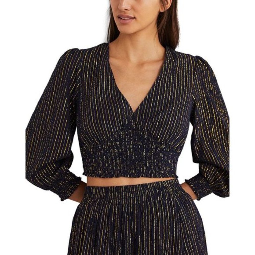 Boden Lurex Preppy Fall Spring Casual Chic Smocked Long Sleeve Crop Top‎ Navy 6